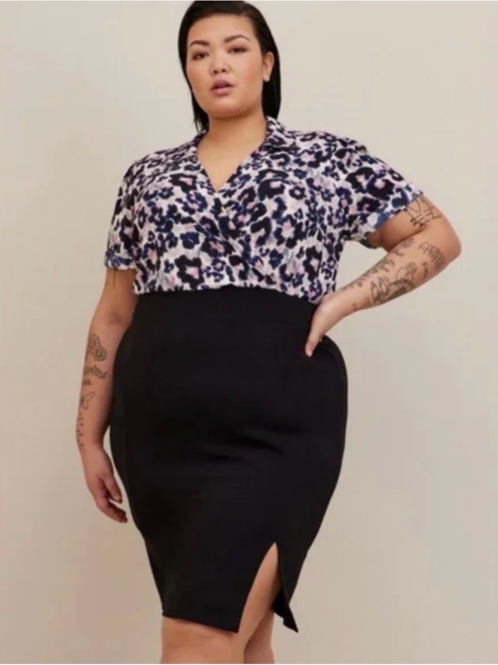 Torrid 6X Collared Short Sleeve Leopard Sheath Dress Slit Knee Length Black
